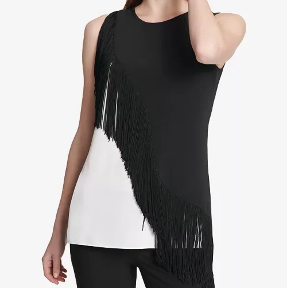 Calvin Klein Asymmetrical Sleeveless Fringe Top In Size Large